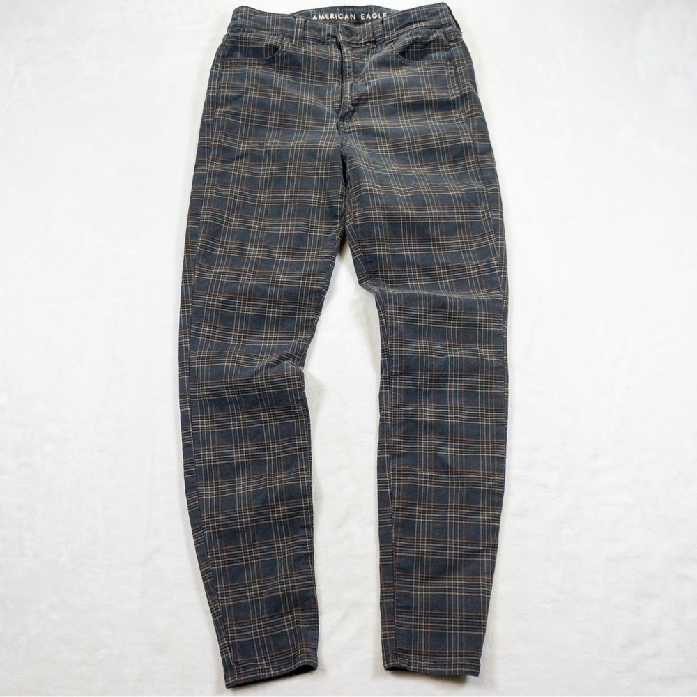 American Eagle Plaid Super Hi-Rise Jegging Women 4 Gray Orange Stretch Academia